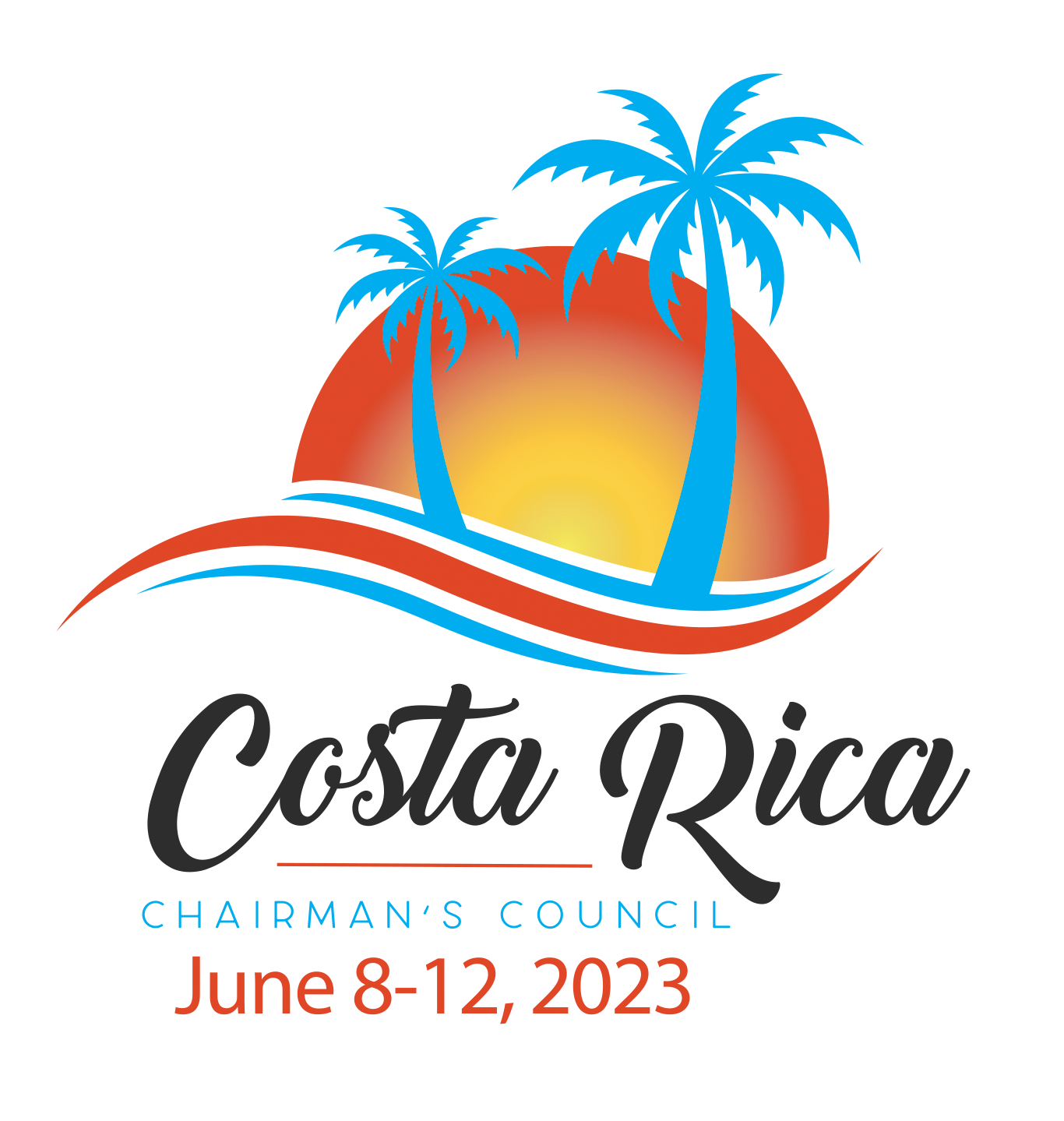 Costa Rica 2023 logo with sunset and blue palm tress