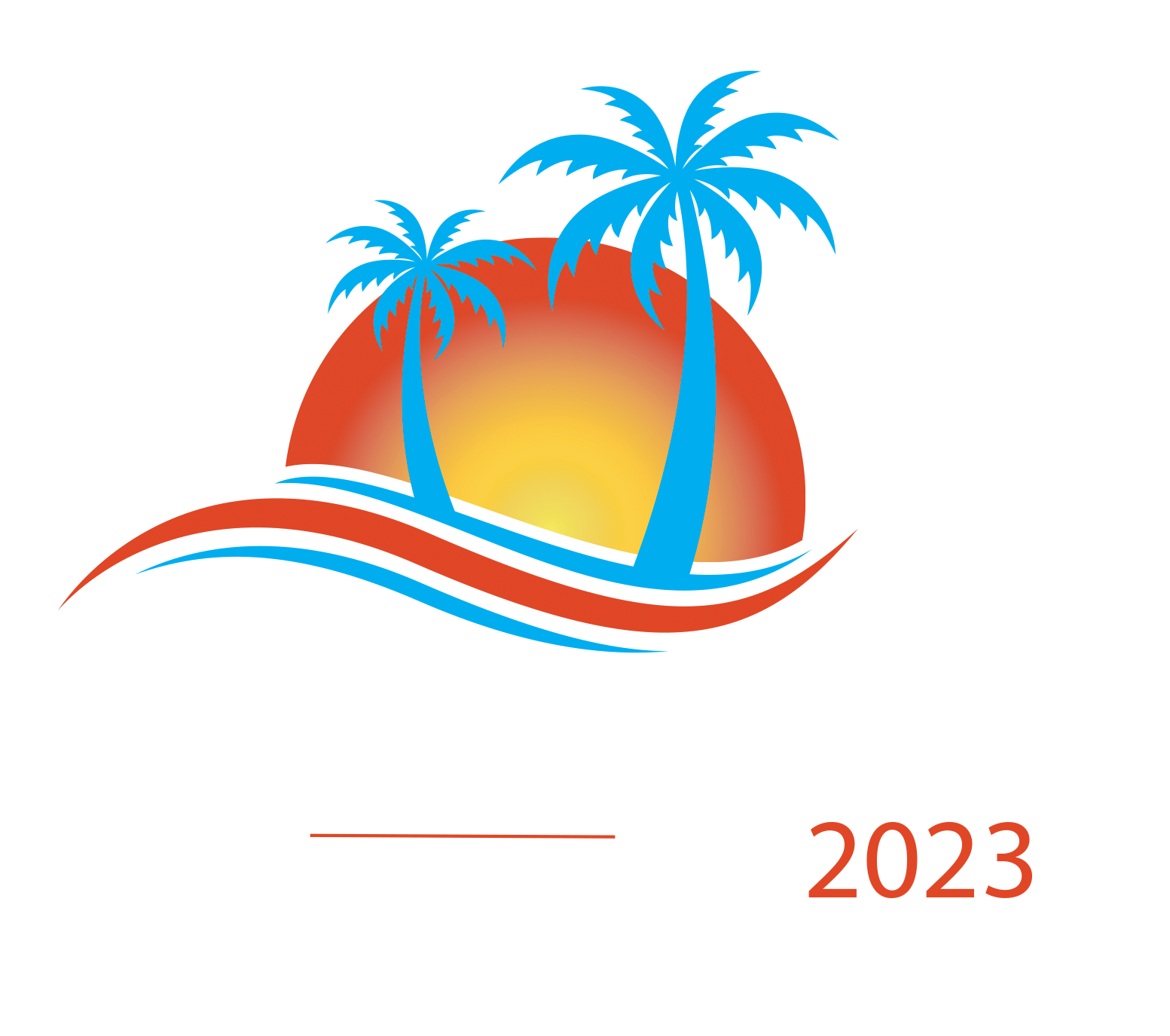 Costa Rica 2023 logo with sunset and blue palm tress