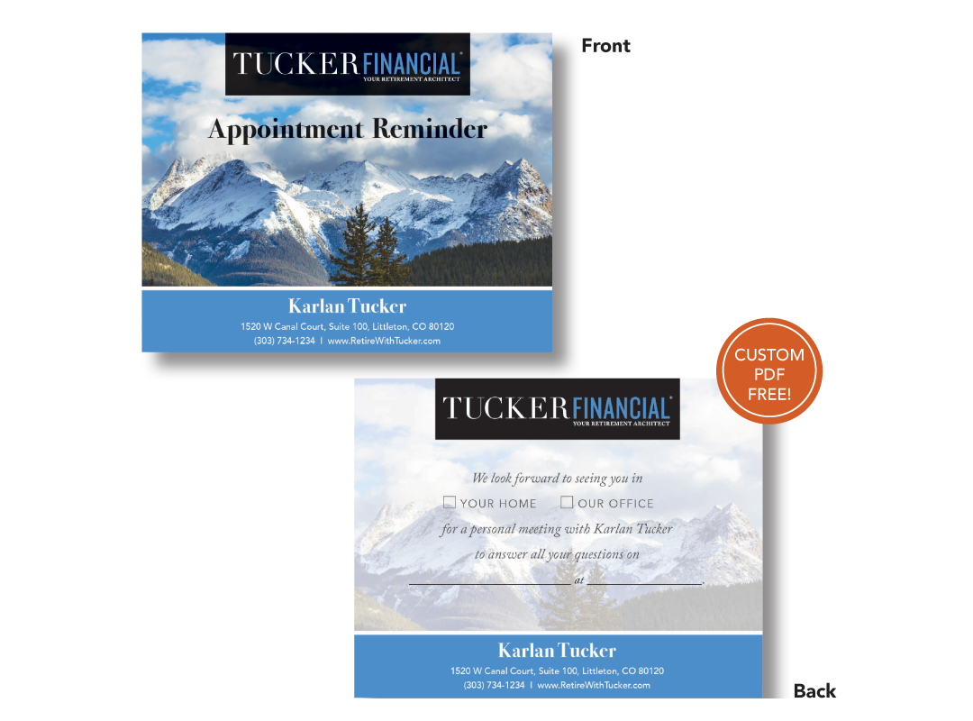 celebritize your brand blue and white appointment card reminder branded with a mountain background